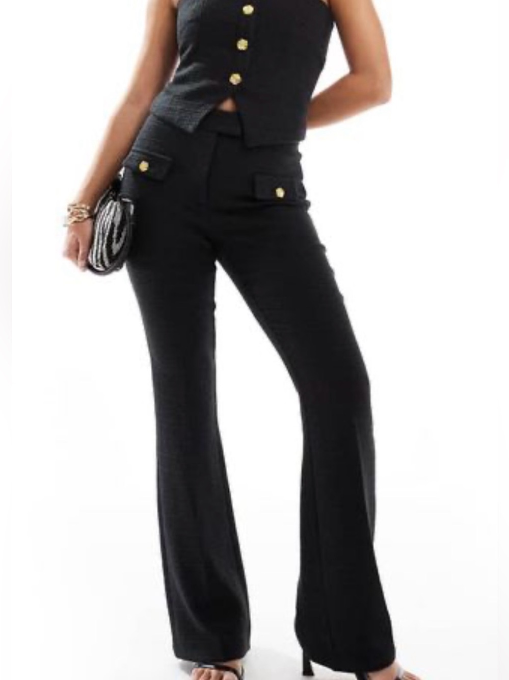 The Frolic Black Textured Flared Pants with Gold Button Detail Size 4